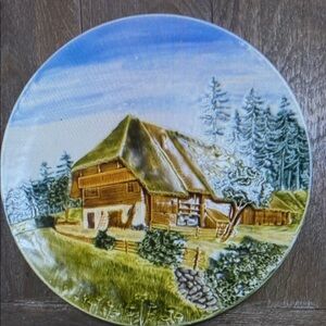 Vintage German Decorative Plate Alpine Village Scene Embossed Ceramic 10 Inch